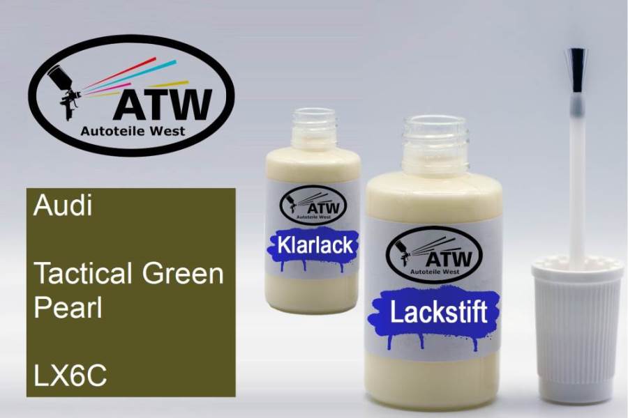 Audi, Tactical Green Pearl, LX6C: 20ml Lackstift + 20ml Klarlack - Set, von ATW Autoteile West.